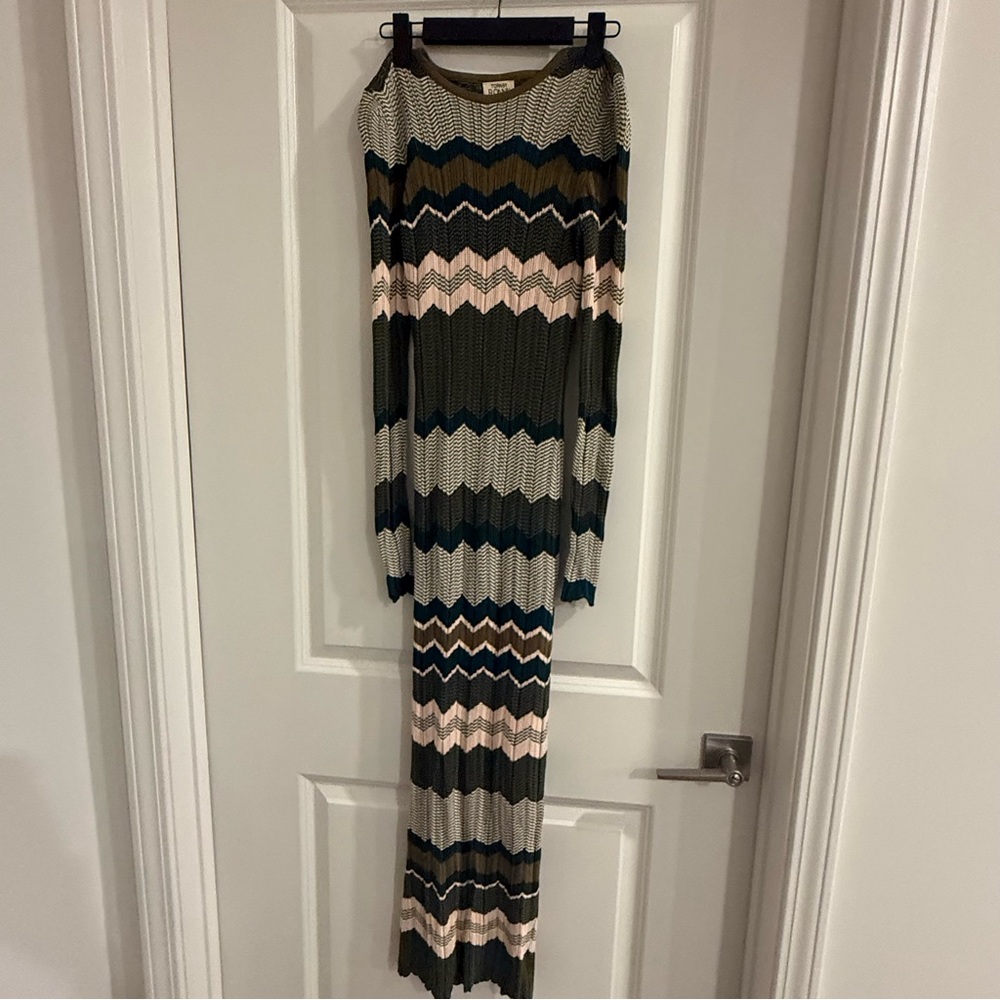Torn by Ronny Kobo Olive, Black & Blush Chevron Knit Long Sleeve Dress